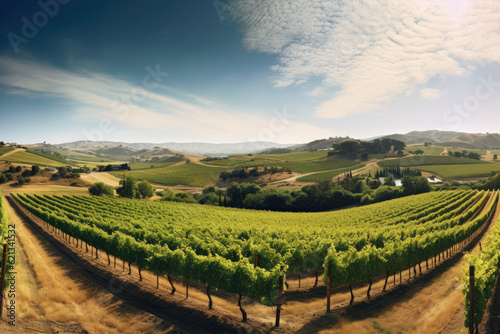 expansive panoramic shot of a sun-drenched vineyard in the countryside, with rows of grapevines, a charming winery, and rolling hills in the background, epitomizing the beauty