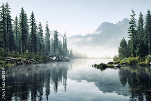 panoramic view of a serene mountain lake surrounded by lush forests, with mist gently rising from the water's surface, and the reflection of the surrounding nature creating © aicandy