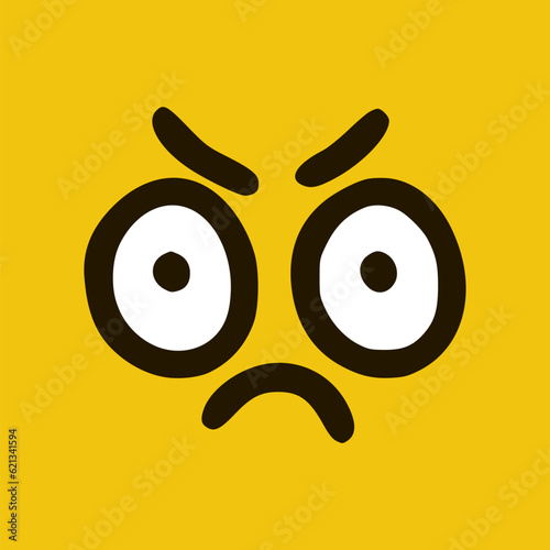 Angry emoticon in doodle style yellow background. Vector Illustration