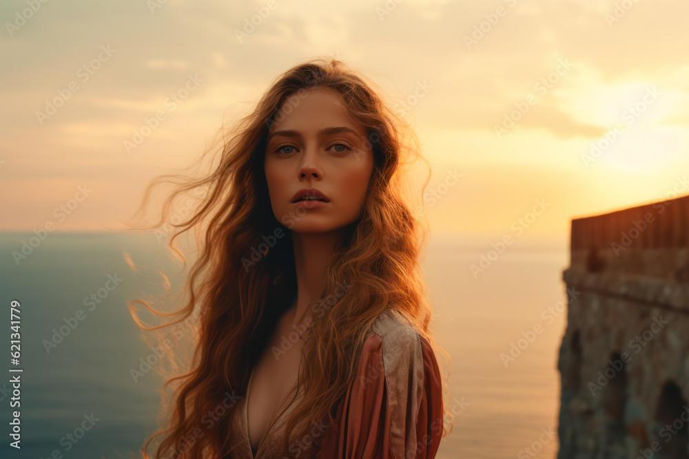  illustration of a woman/book character in formal clothes overlooking the coastline during sunset looking lost/sad/thoughtful reminding of Scottish landscapes