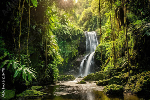 panoramic view of a tranquil waterfall nestled in a lush rainforest  with cascading water  vibrant greenery  and a serene atmosphere that immerses you in the wonders of nature