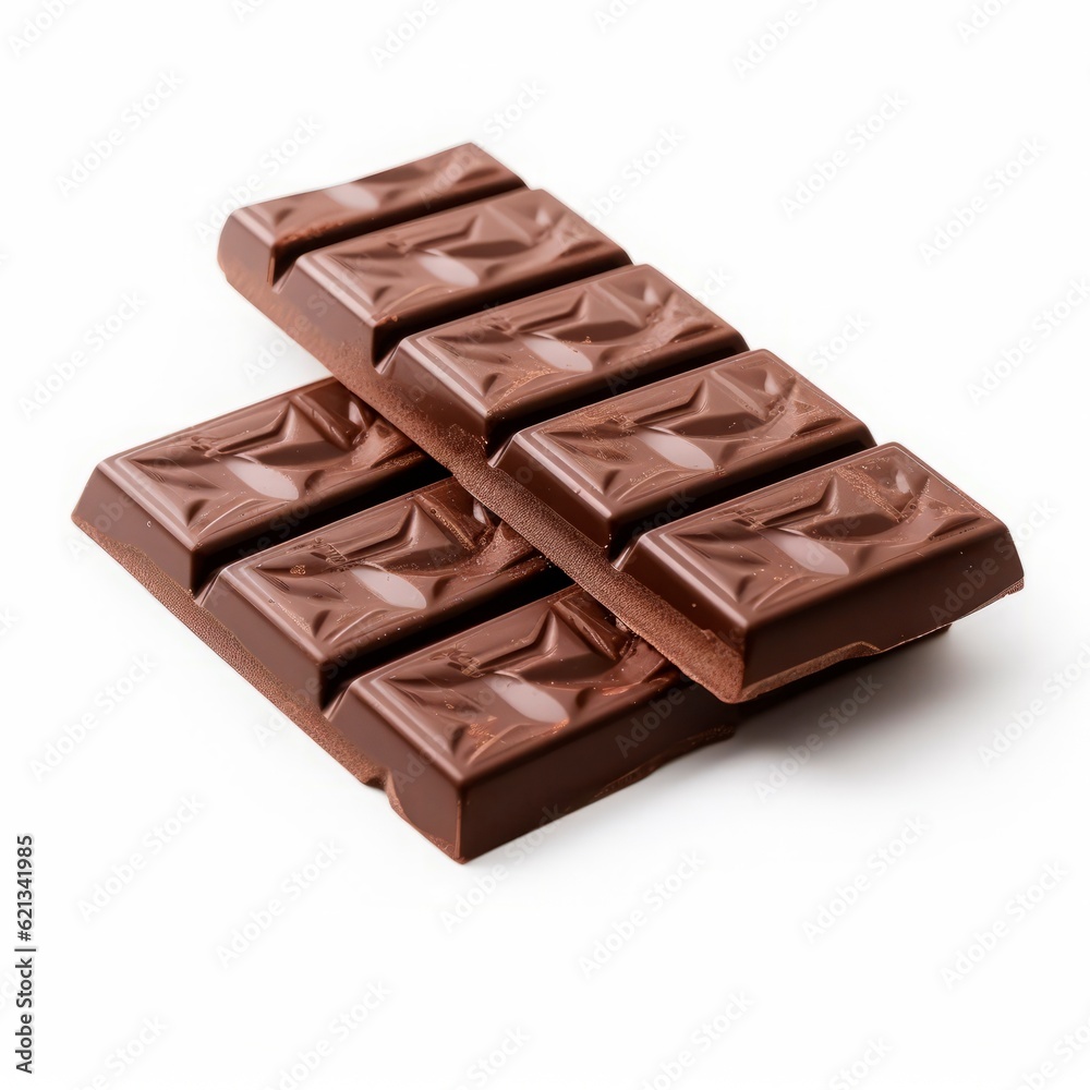 pieces of chocolate bars in the center, white background. Generative AI. pieces of chocolate bars in the center, white background. Generative AI.