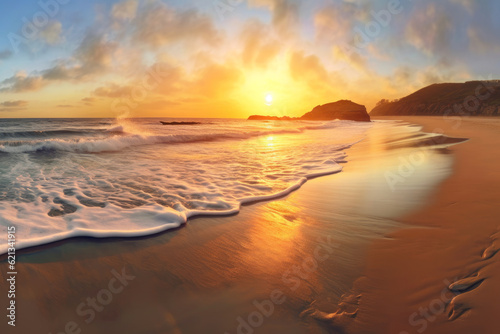 panoramic view of a serene beach at sunrise, with soft golden light painting the sky, gentle waves lapping at the shore, and a sense of calm
