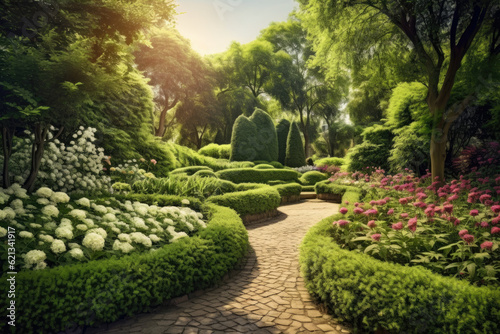 panoramic view of a lush green garden, with blooming flowers, winding pathways, and manicured hedges, creating a harmonious and enchanting space of natural beauty