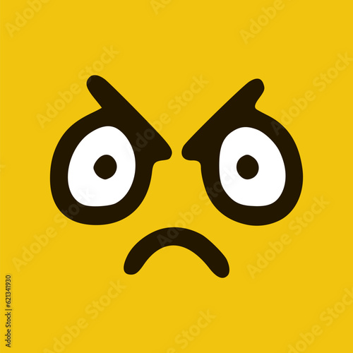 Angry emoticon in doodle style yellow background. Vector Illustration