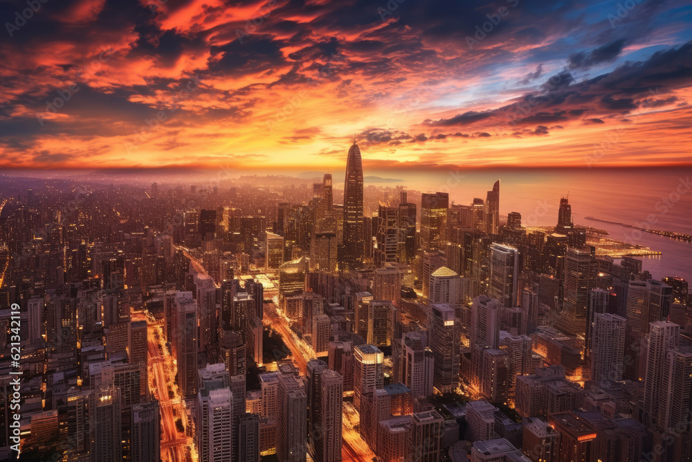 Fototapeta premium panoramic aerial view of a bustling cityscape at sunset, with illuminated buildings, busy streets, and a warm golden glow enveloping the urban landscape