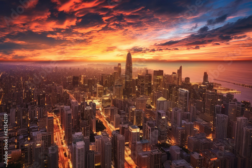 panoramic aerial view of a bustling cityscape at sunset, with illuminated buildings, busy streets, and a warm golden glow enveloping the urban landscape