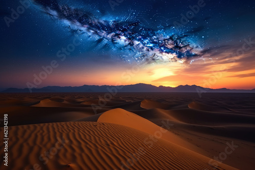awe-inspiring panoramic shot of a vast desert under a starry night sky, with sand dunes stretching into the distance and the Milky Way galaxy shining overhead