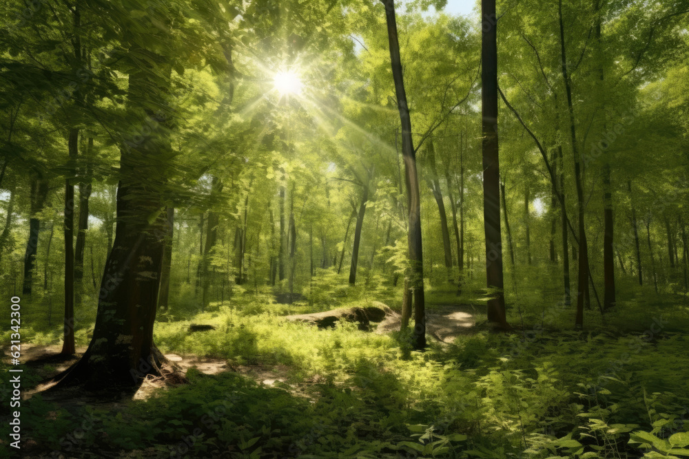 panoramic view of a tranquil forest glade, with sunlight filtering through the canopy, lush vegetation, and a sense of serenity that invites quiet contemplation