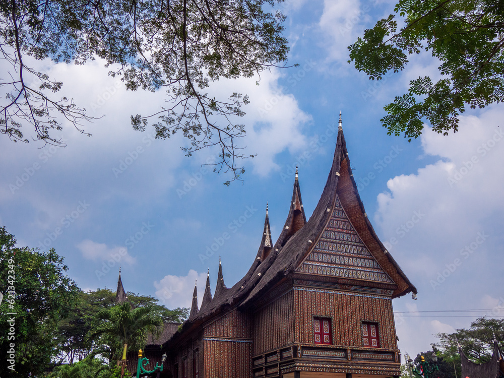 Jakarta, Indonesia (July 8, 2023): West Sumatra traditional house located in Taman Mini Indonesia Indah.