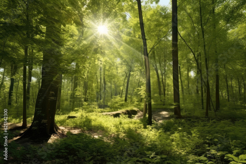 panoramic view of a tranquil forest glade, with sunlight filtering through the canopy, lush vegetation, and a sense of serenity that invites quiet contemplation © aicandy
