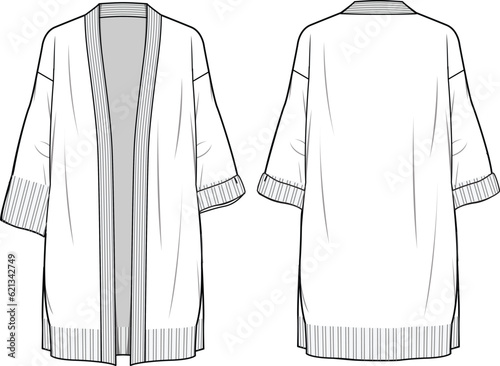Women's Edge to Edge Cardigan. Technical fashion illustration. Front and back, white color. Women's CAD mock-up.