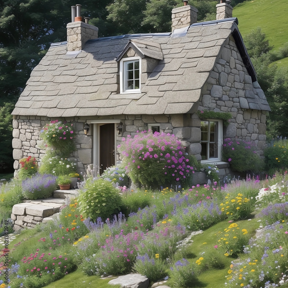 a cozy cottage standing proudly on a windswept hill, overlooking a vast expanse of rolling meadows. The cottage's stone walls and slate roof 