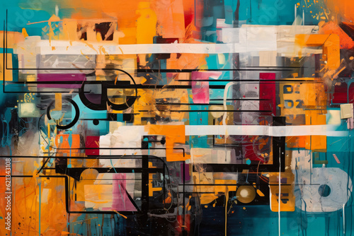 collision of vibrant graffiti tags and abstract symbols, blending urban art with a touch of enigmatic mystery