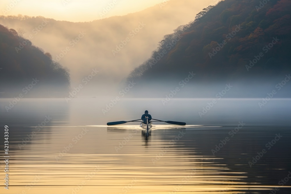 On a quiet, foggy morning, a fisherman casts his net on a serene lake. Generative AI On a quiet, foggy morning, a fisherman casts his net on a serene lake. Generative AI