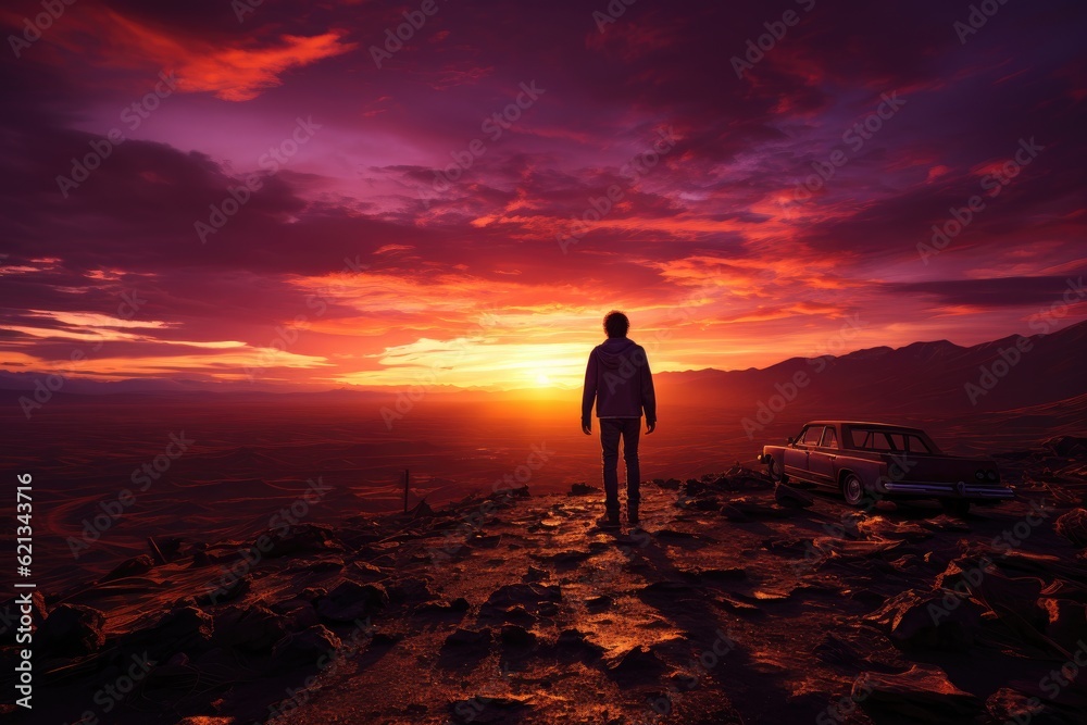 Silhouette shot of a person standing on a hilltop at sunset, the sky painted with hues of orange, red, and purple. Generative AI