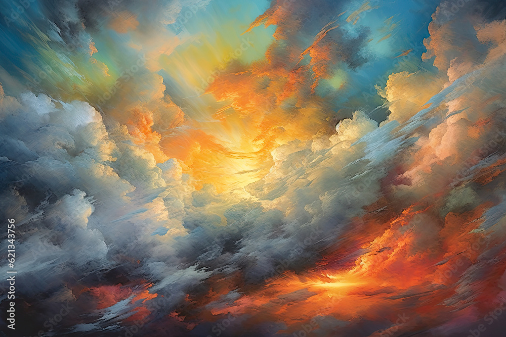 collision of vibrant brushstrokes and ethereal clouds, merging the elements of sky and art in a captivating composition