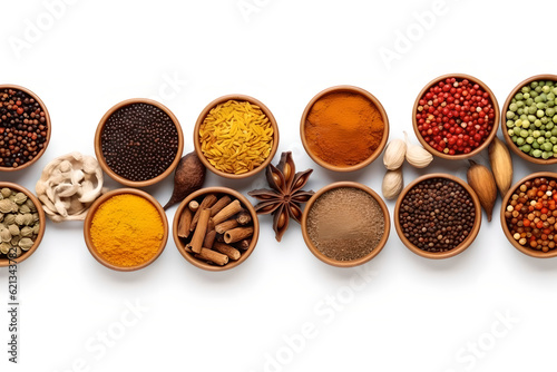 Bowls with various spices, Beautiful composition with different aromatic spices on white background