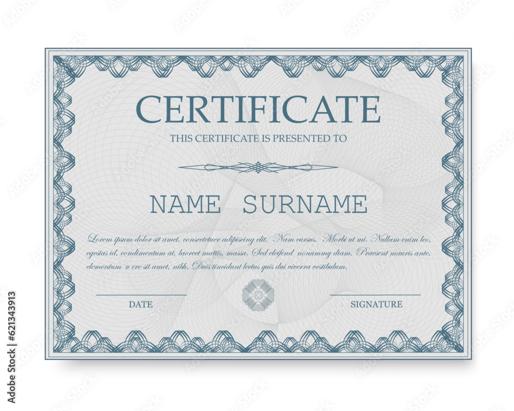 Certificate of appreciation template, gold and blue color. Clean modern certificate with gold badge. Certificate border template with luxury and modern line pattern. Diploma vector template.