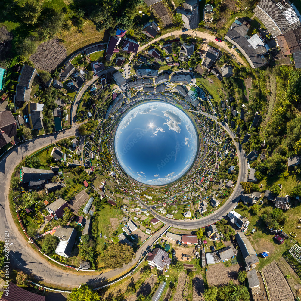 blue sphere inside overlooking old town, urban development, historic buildings and crossroads. Transformation of spherical 360 panorama in abstract aerial view. blue sphere inside overlooking old town, urban development, historic buildings and crossroads. Transformation of spherical 360 panorama in abstract aerial view.