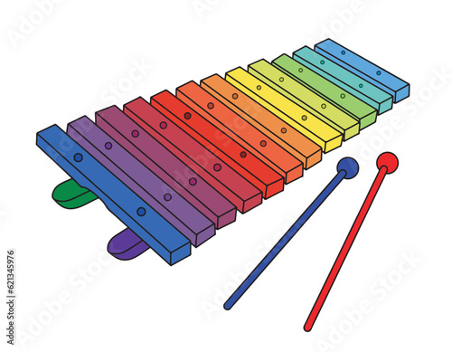 Xylophone. Percussion musical instrument. Handmade drawing with cheerful and fun colors. Vector illustration isolated on transparent background-