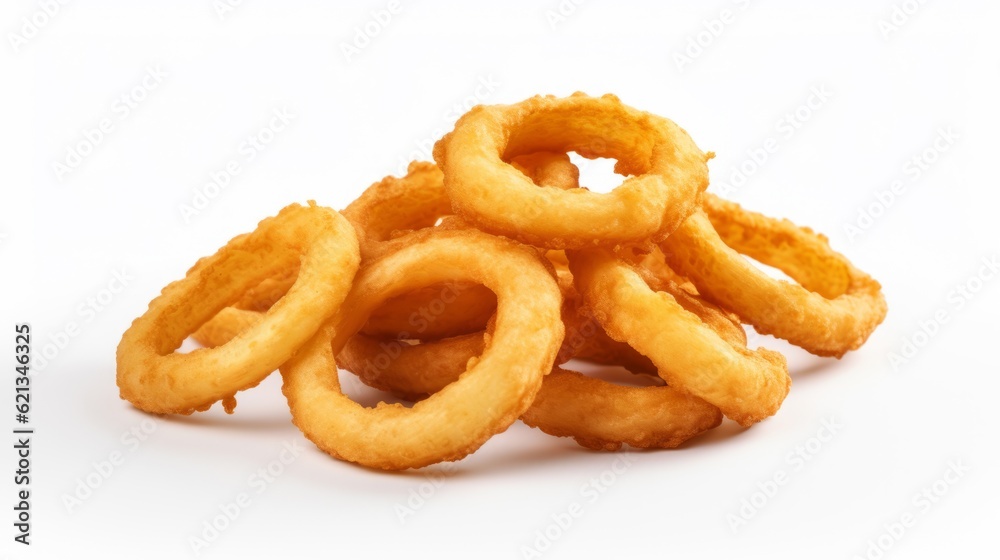 Food photography, fast food, background - Stack of fried breaded onion rings, isolated on white background (Generative Ai) Food photography, fast food, background - Stack of fried breaded onion rings, isolated on white background (Generative Ai)