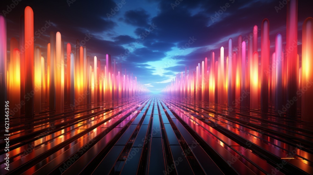 Futuristic neon tunnel corridor with glowing lights and reflections 3d rendering. Modern colorful waves and shapes wallpaper or background.  3d illustration