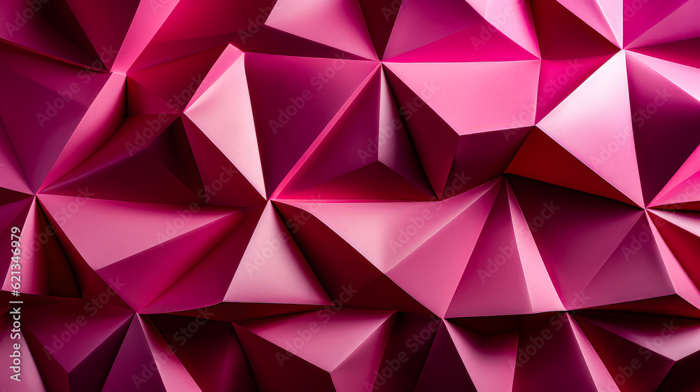 Abstract pink polygonal background texture. Low poly dark magenta wall. Deep pink low polygon mesh wallpaper concept. House decoration origami style. 3d rendering, 3d illustration. .