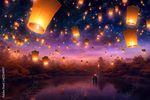 Enchanted Sky Lanterns: whimsical panorama of floating sky lanterns, illuminating the night sky with a soft glow and creating a dreamlike ambiance