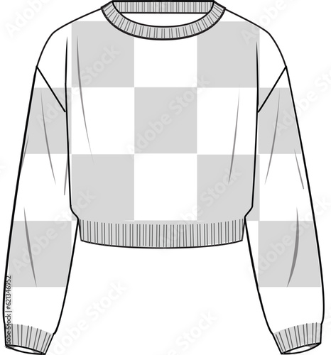 Women's Checkerboard Crop Sweater- Technical fashion illustration. Front, white. Women's CAD mock-up.