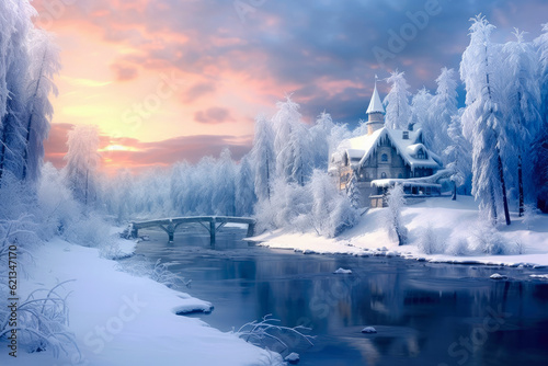 Enchanted Winter Wonderland: magical panorama of a winter wonderland, with snow-covered landscapes, shimmering icicles, and a serene atmosphere that evokes a sense of wonder