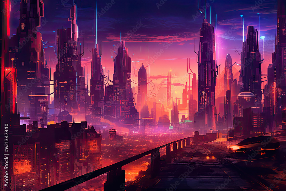 Neon Retro Futurism: dynamic panorama inspired by retro-futuristic aesthetics, with neon lights, futuristic cityscapes, and a vibrant blend of nostalgia and innovation