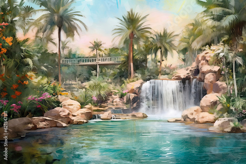 Dreamy Watercolor Oasis  serene panorama featuring a tranquil oasis painted in soft  dreamy watercolor strokes  with lush palm trees  cascading waterfalls  and vibrant blooms