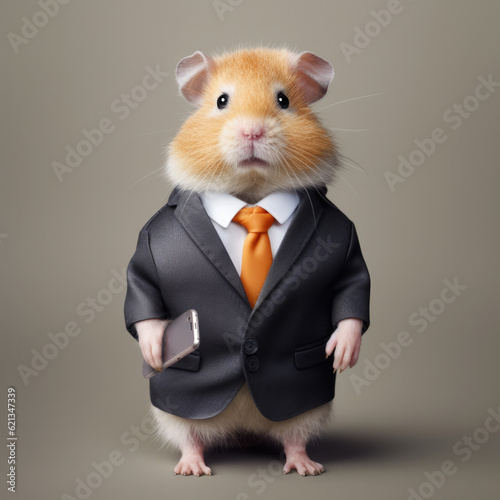 Funny hamster in office worker outfit posing for corporate photo with serious look photo