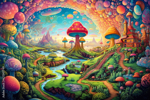 Psychedelic Wonderland: vibrant and trippy panorama of a whimsical wonderland, filled with psychedelic patterns, surreal landscapes, and mind-bending colors