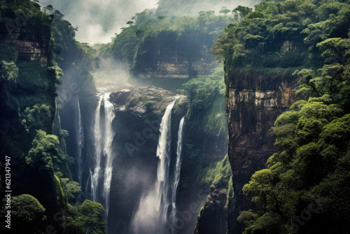 Majestic Waterfalls: majestic panorama featuring towering waterfalls cascading down rocky cliffs, surrounded by lush greenery and misty spray, creating a stunning natural spectacle