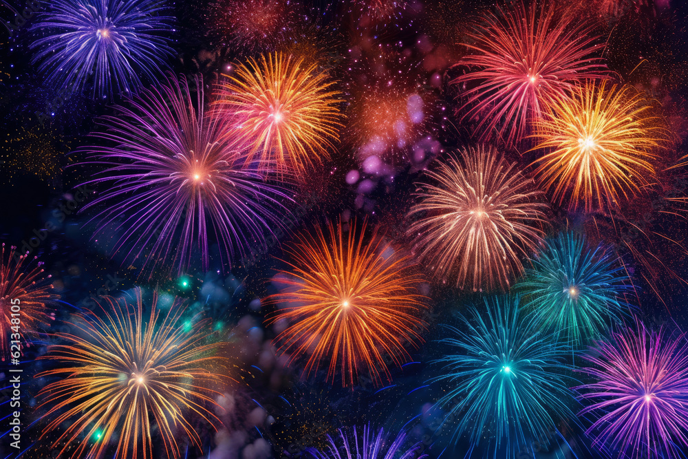 Festive Fireworks: dynamic panorama of a fireworks display illuminating the night sky with bursts of vibrant colors and shimmering sparks Festive Fireworks: dynamic panorama of a fireworks display illuminating the night sky with bursts of vibrant colors and shimmering sparks