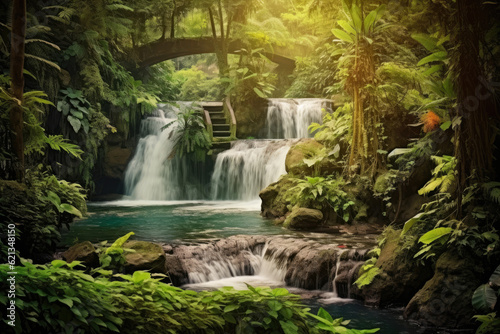 Whispering Waterfalls: serene panorama capturing cascading waterfalls surrounded by lush greenery, where the soothing sound of water creates a peaceful ambiance © aicandy