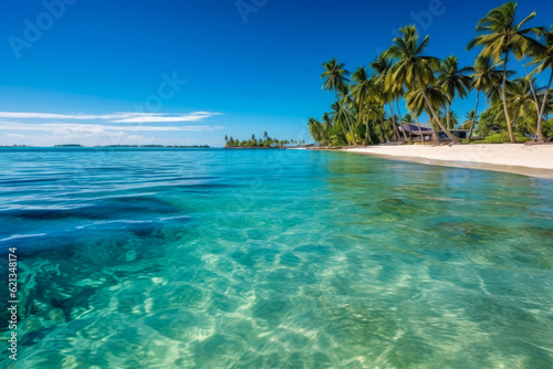 Tropical Paradise: breathtaking panorama of a pristine tropical paradise, featuring palm-fringed white sand beaches, crystal-clear turquoise waters, and vibrant coral reefs