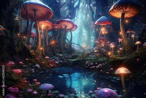 Magical Fairyland: whimsical panorama of a secret fairyland hidden among colorful mushroom groves, sparkling streams, and ethereal light