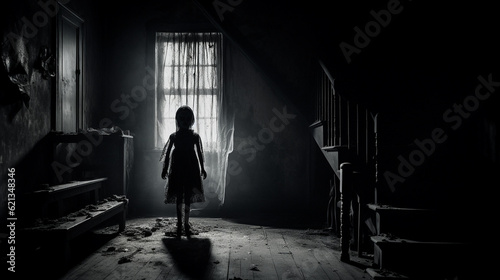 Inside view of haunted house showing silhouette of creepy horror doll in abandoned chamber with broken furniture. Concept of supernatural. Generative AI.