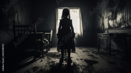 Inside view of haunted house showing silhouette of creepy horror doll in abandoned chamber with broken furniture. Concept of supernatural. Generative AI.