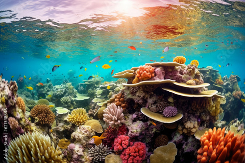 Enchanting Underwater World  mesmerizing panorama of a vibrant coral reef teeming with tropical fish  swaying sea plants  and an array of brilliant colors