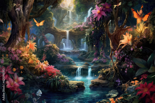 Enchanted Garden: vibrant and lush panorama of a mystical garden filled with colorful flowers, cascading waterfalls, and fluttering butterflies