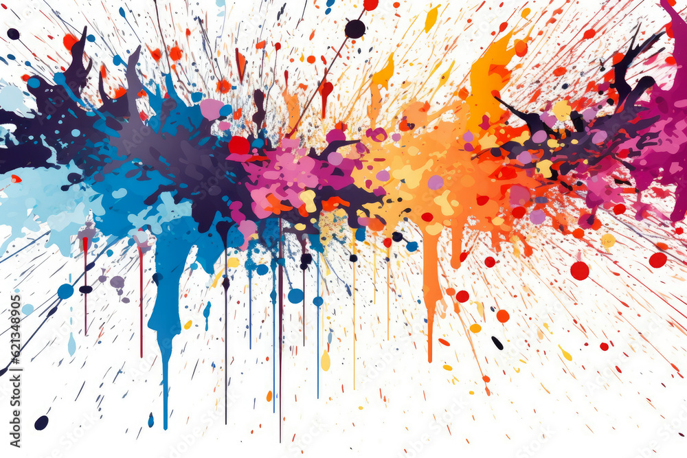 Fototapeta premium burst of colorful paint splatters and drips on a white abstract background, adding a playful and energetic touch to any design