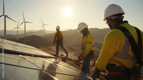 Renewable Energy Revolution - A power plant or wind farm with workers installing new equipment to generate renewable energy sources for the future