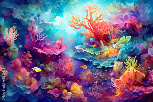 abstract background resembling a vibrant underwater coral reef, with a plethora of colorful marine life, immersing the viewer in a captivating aquatic world © aicandy