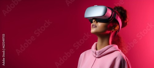 Young woman wearing virtual reality glasses in Pink colors. AI generated, human enhanced