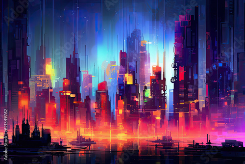 abstract background resembling a futuristic city skyline, with towering buildings and glowing neon lights, portraying a vision of urban utopia © aicandy