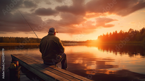 a old man in his fifties sitting on a dock, fishing at a scenic lake. ai generative